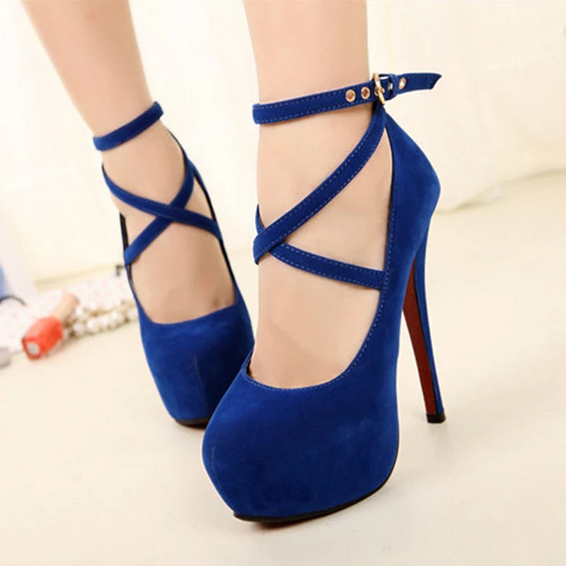 Manufacturer   Shoes Woman Pumps Cross-Tied Ankle Strap Wedding Party Shoes Platform Dress Women Shoes High Heels Suede Ladies Shoes Plus Size   Pumps