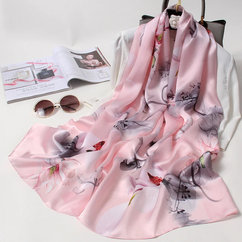 100% Pure Silk Scarf For Women Luxury Print Echarpe Femme Long Natural Silk Scarf Bufanda Fahsion Satin Shawls Wraps Neck Scarf