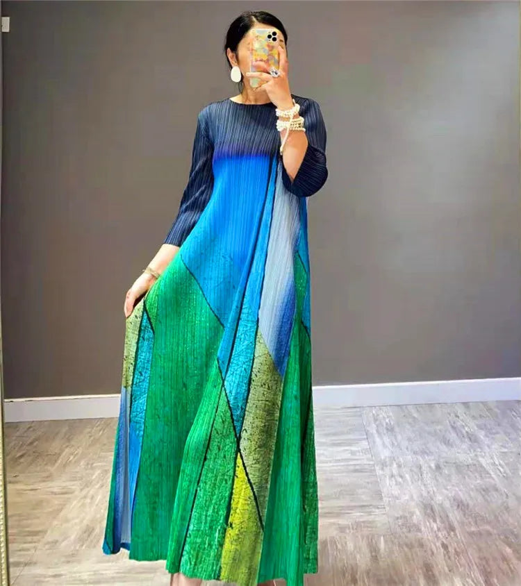 Pleats New High Fashion French Vintage Women Green Causal Long Dress Original Designer Clothing In Stock