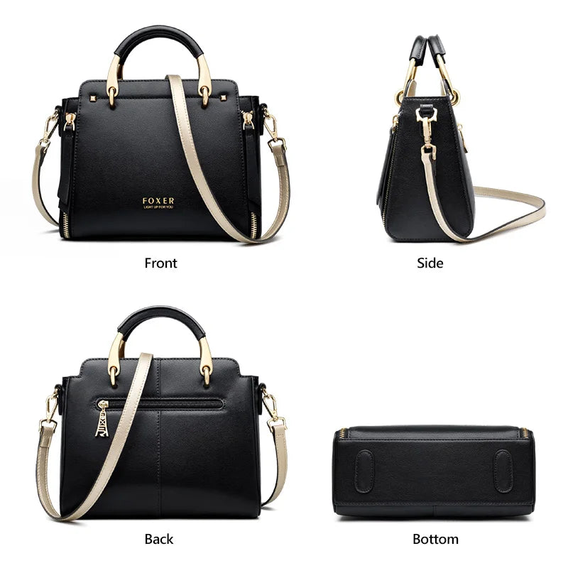 FOXER Elegant Women Top-Handle Bag  Fashion Split Leather Signature Crossbody Bag Female Large Shoulder Tote Bag Purse