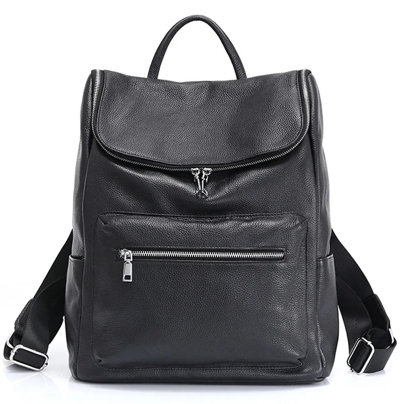 Zency Unisex Backpack 100% Genuine Leather Large Capacity Travel Outdoor Bag Classic Black Big Knapsack High Quality Schoolbag