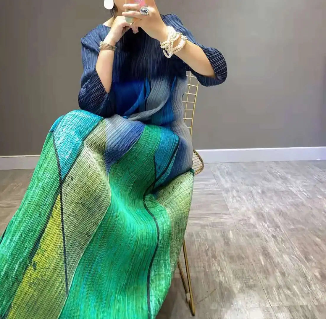 Pleats New High Fashion French Vintage Women Green Causal Long Dress Original Designer Clothing In Stock