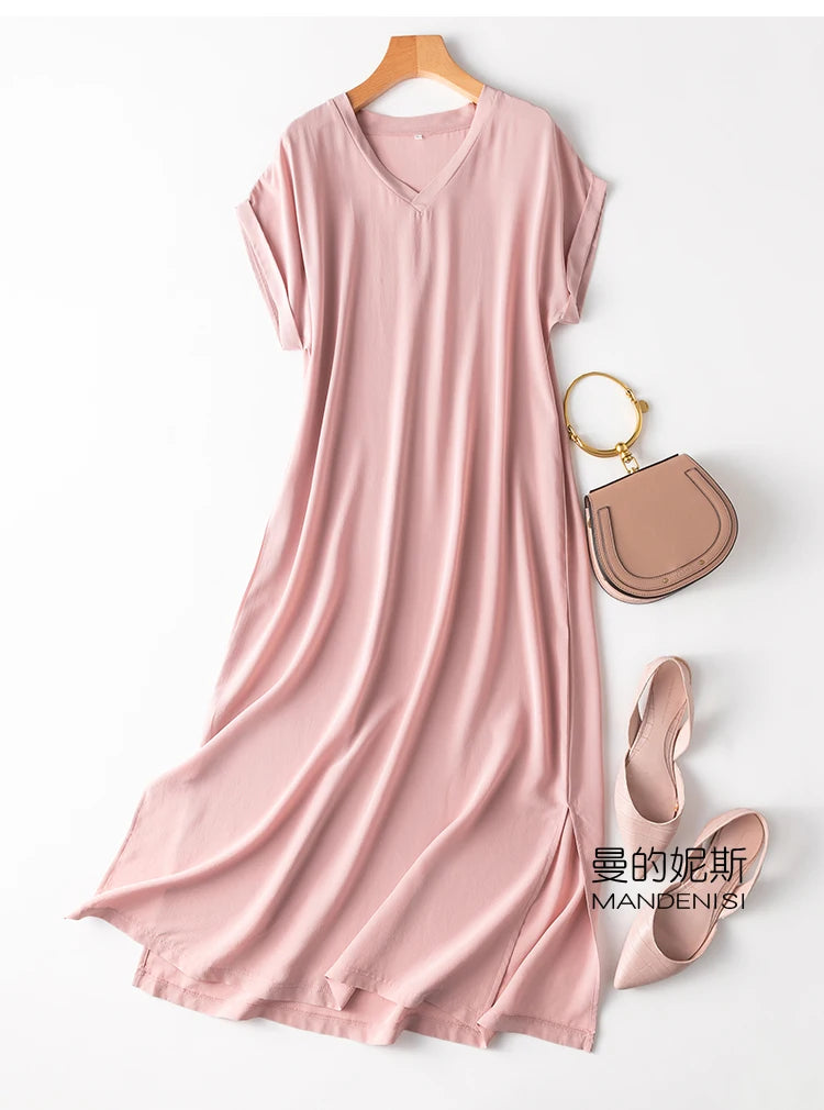 Women 100% Mulberry Silk 19 momme Thick Crepe Silk Midi Dress V neck Short Sleeve Side Slit Long Dress