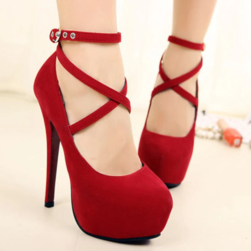 Manufacturer   Shoes Woman Pumps Cross-Tied Ankle Strap Wedding Party Shoes Platform Dress Women Shoes High Heels Suede Ladies Shoes Plus Size   Pumps