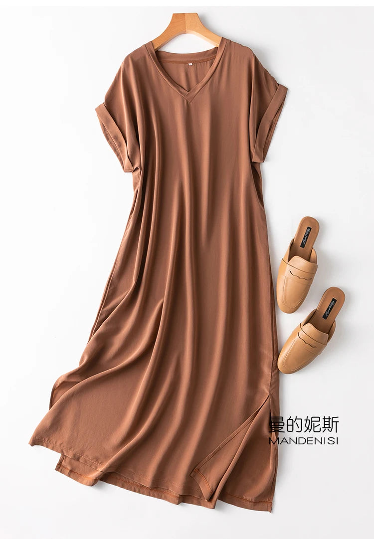 Women 100% Mulberry Silk 19 momme Thick Crepe Silk Midi Dress V neck Short Sleeve Side Slit Long Dress