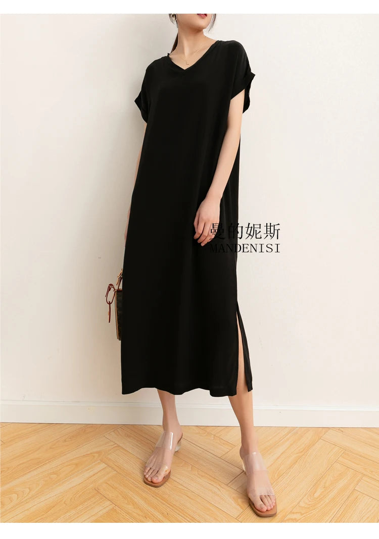 Women 100% Mulberry Silk 19 momme Thick Crepe Silk Midi Dress V neck Short Sleeve Side Slit Long Dress