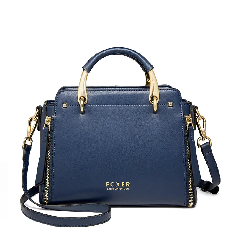 FOXER Elegant Women Top-Handle Bag  Fashion Split Leather Signature Crossbody Bag Female Large Shoulder Tote Bag Purse