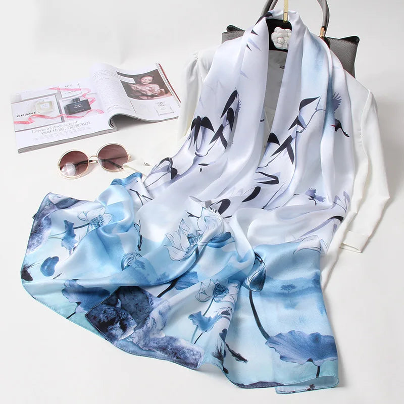 100% Pure Silk Scarf For Women Luxury Print Echarpe Femme Long Natural Silk Scarf Bufanda Fahsion Satin Shawls Wraps Neck Scarf