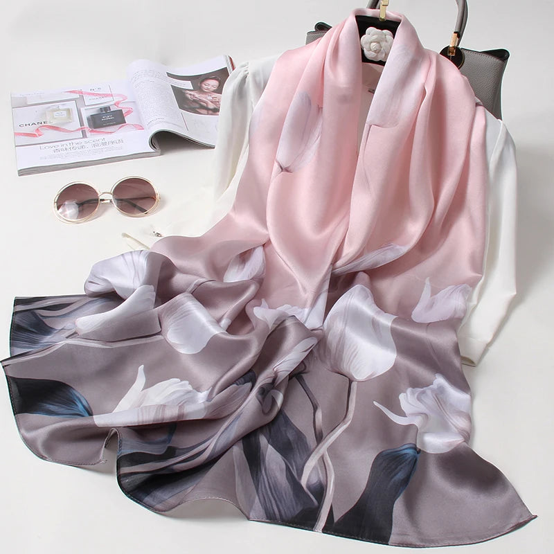 100% Pure Silk Scarf For Women Luxury Print Echarpe Femme Long Natural Silk Scarf Bufanda Fahsion Satin Shawls Wraps Neck Scarf