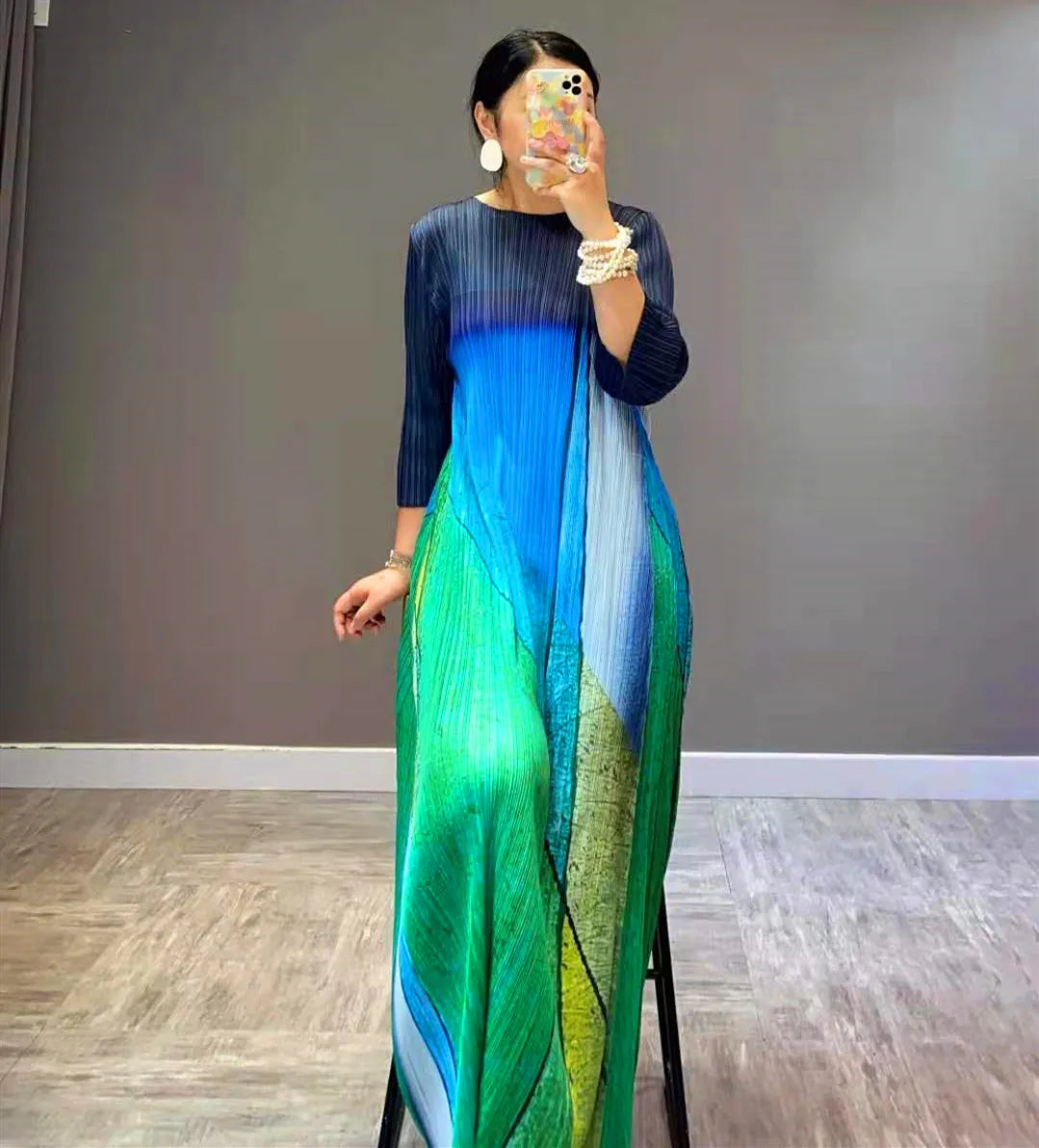Pleats New High Fashion French Vintage Women Green Causal Long Dress Original Designer Clothing In Stock