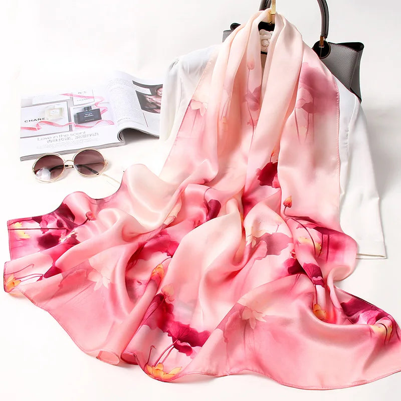 100% Pure Silk Scarf For Women Luxury Print Echarpe Femme Long Natural Silk Scarf Bufanda Fahsion Satin Shawls Wraps Neck Scarf
