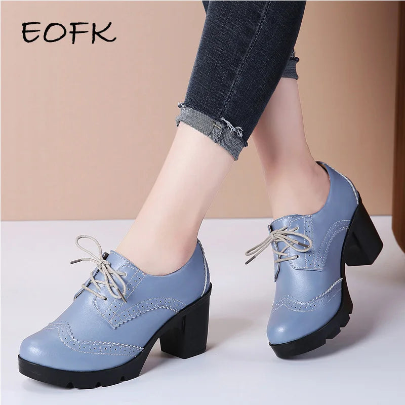 Manufacturer   EOFK Women Brogue Shoes New Quaity High Square Heel Derby Genuine Leather High Heels Wedge Shoes Woman Female Shoes Pumps Casual   Pumps