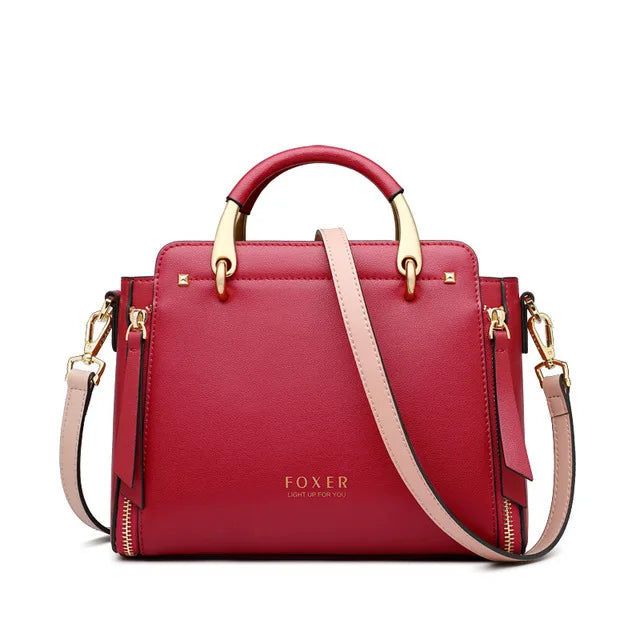 FOXER Elegant Women Top-Handle Bag  Fashion Split Leather Signature Crossbody Bag Female Large Shoulder Tote Bag Purse