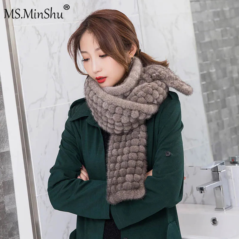 MS.Minshu-Real Mink Fur Scarf Balls for Women, Neck Warmer, Luxury Fashion, Winter
