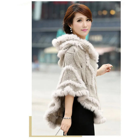 free shipping women rabbit fur coat jacket Knitted Genuine rabbit Fur poncho Shawl Wrap with hood Wholesale retail  new
