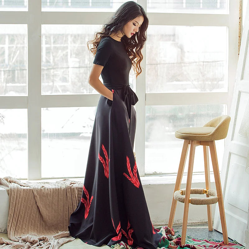 High Quality  New Spring Autumn Female Short Sleeve A-line Slim Long Maxi Dress Black Red Patchwork Vintage Dress Vestidos