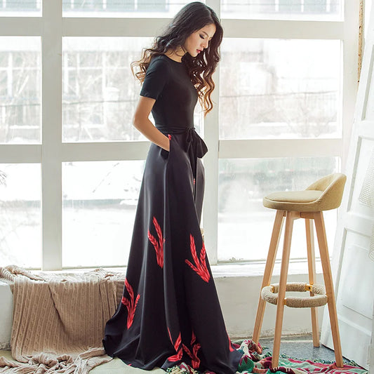 High Quality  New Spring Autumn Female Short Sleeve A-line Slim Long Maxi Dress Black Red Patchwork Vintage Dress Vestidos
