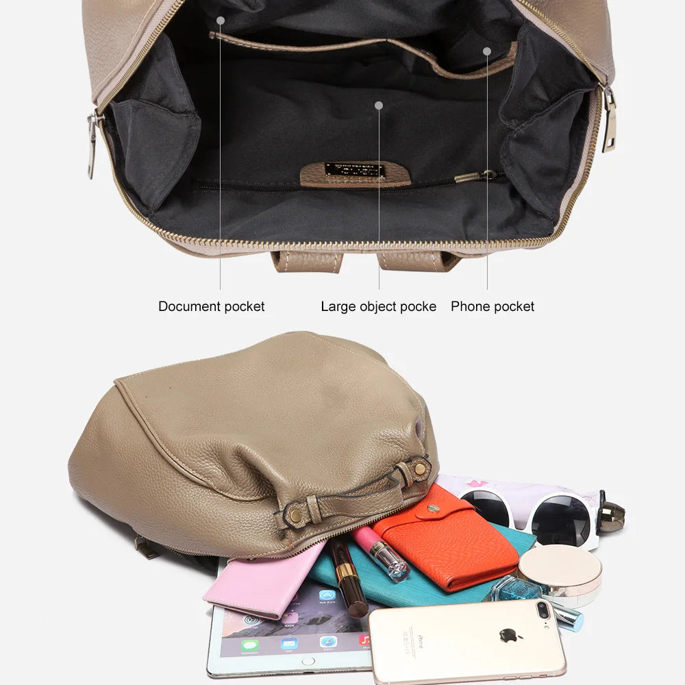 Zency Women Stylish Classic Backpack Khaki Genuine Leather Knapsack Satchel Purse Roomy with Pockets Fit A4 Ipad 9.7'' Rucksack  bag
