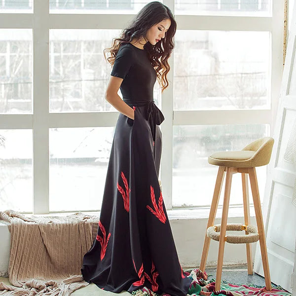 High Quality  New Spring Autumn Female Short Sleeve A-line Slim Long Maxi Dress Black Red Patchwork Vintage Dress Vestidos