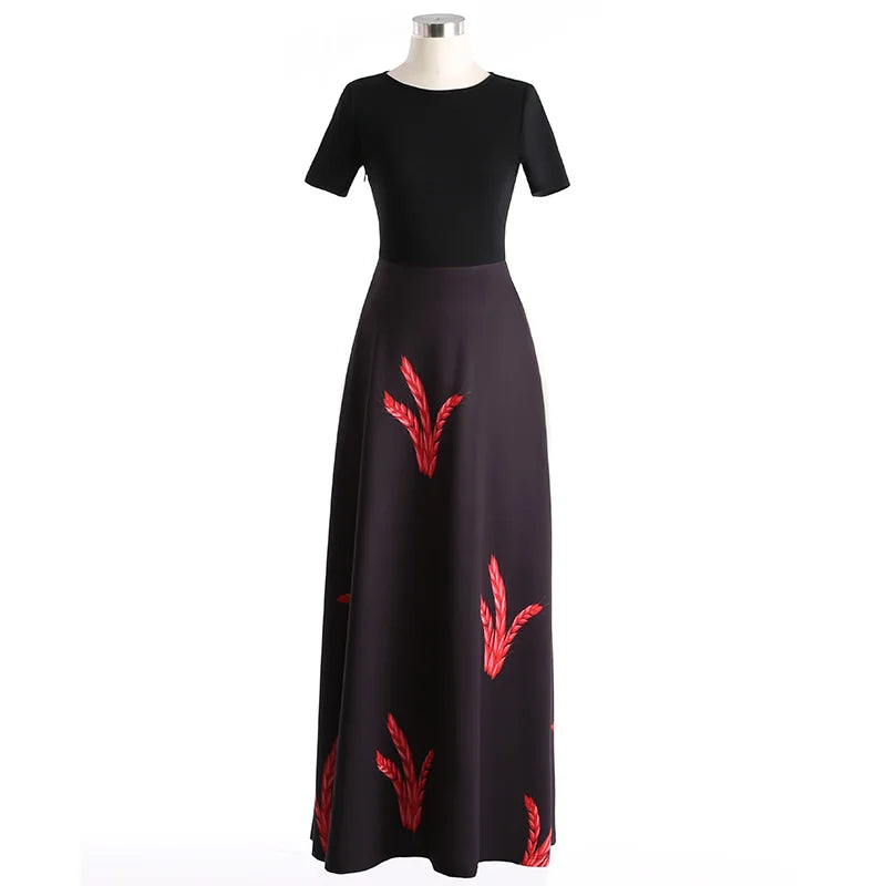 High Quality  New Spring Autumn Female Short Sleeve A-line Slim Long Maxi Dress Black Red Patchwork Vintage Dress Vestidos