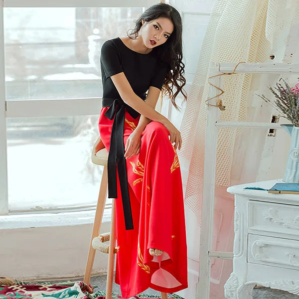 High Quality  New Spring Autumn Female Short Sleeve A-line Slim Long Maxi Dress Black Red Patchwork Vintage Dress Vestidos