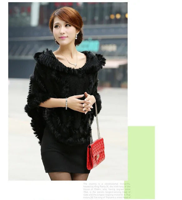 free shipping women rabbit fur coat jacket Knitted Genuine rabbit Fur poncho Shawl Wrap with hood Wholesale retail  new