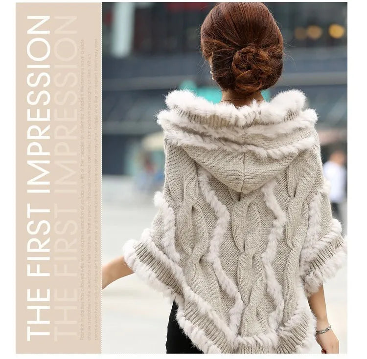 free shipping women rabbit fur coat jacket Knitted Genuine rabbit Fur poncho Shawl Wrap with hood Wholesale retail  new
