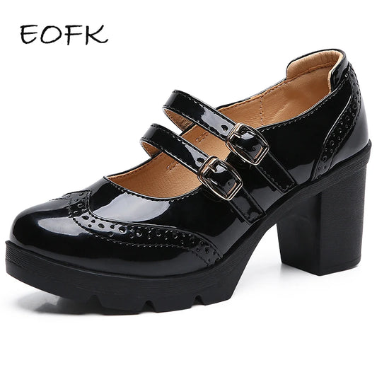 Manufacturer   EOFK Women Pumps Shoes Genuine Leather New Mary Jane High Heels Shinny Patent Woman Ladies Shoes Pumps Brogue High Square Heel   Pumps
