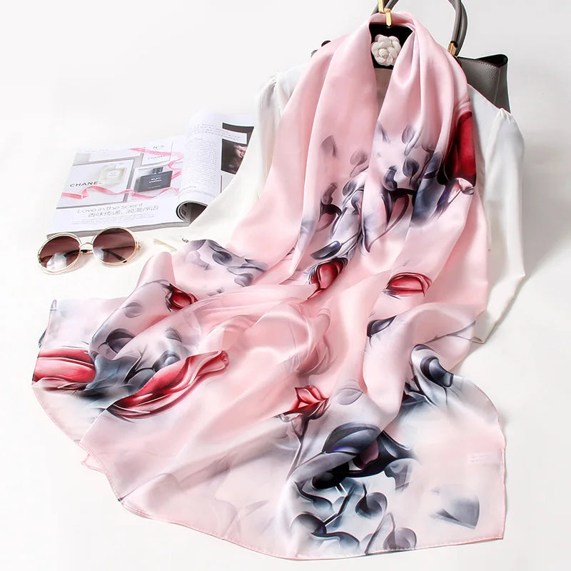 100% Pure Silk Scarf For Women Luxury Print Echarpe Femme Long Natural Silk Scarf Bufanda Fahsion Satin Shawls Wraps Neck Scarf