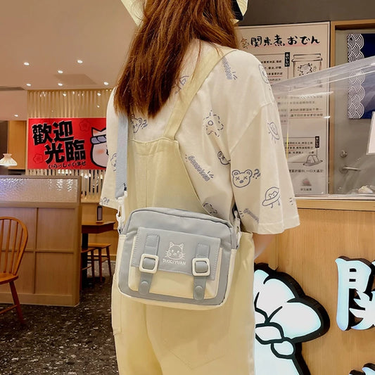 Japanese Women Girls Kawaii Crossbody Bag Cute Cartoon Cat Embroidery Small Messenger Handbag Preppy Style Student Shoulder Purs