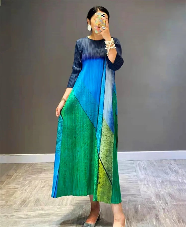 Pleats New High Fashion French Vintage Women Green Causal Long Dress Original Designer Clothing In Stock