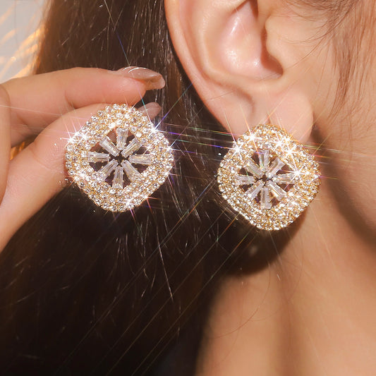 European and American style simple and versatile geometric square full of diamonds zircon earrings women's temperament shiny crystal stud earrings ear jewelry
