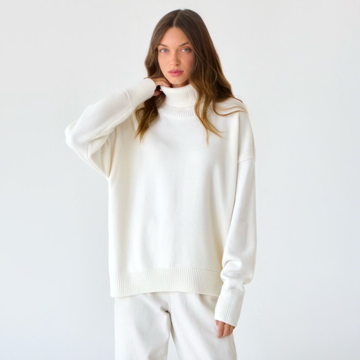 Cross-border solid color turtleneck sweater European, American autumn and winter loose knitted sweater Ins Amazon pullover women