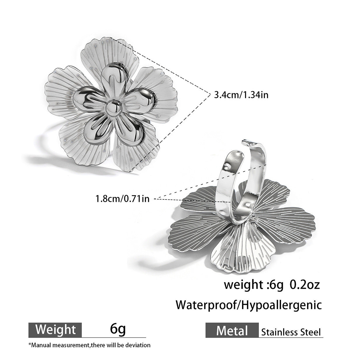 Malt stainless steel non-fading flower rings female three-dimensional opening design ring exaggerated European and American jewelry