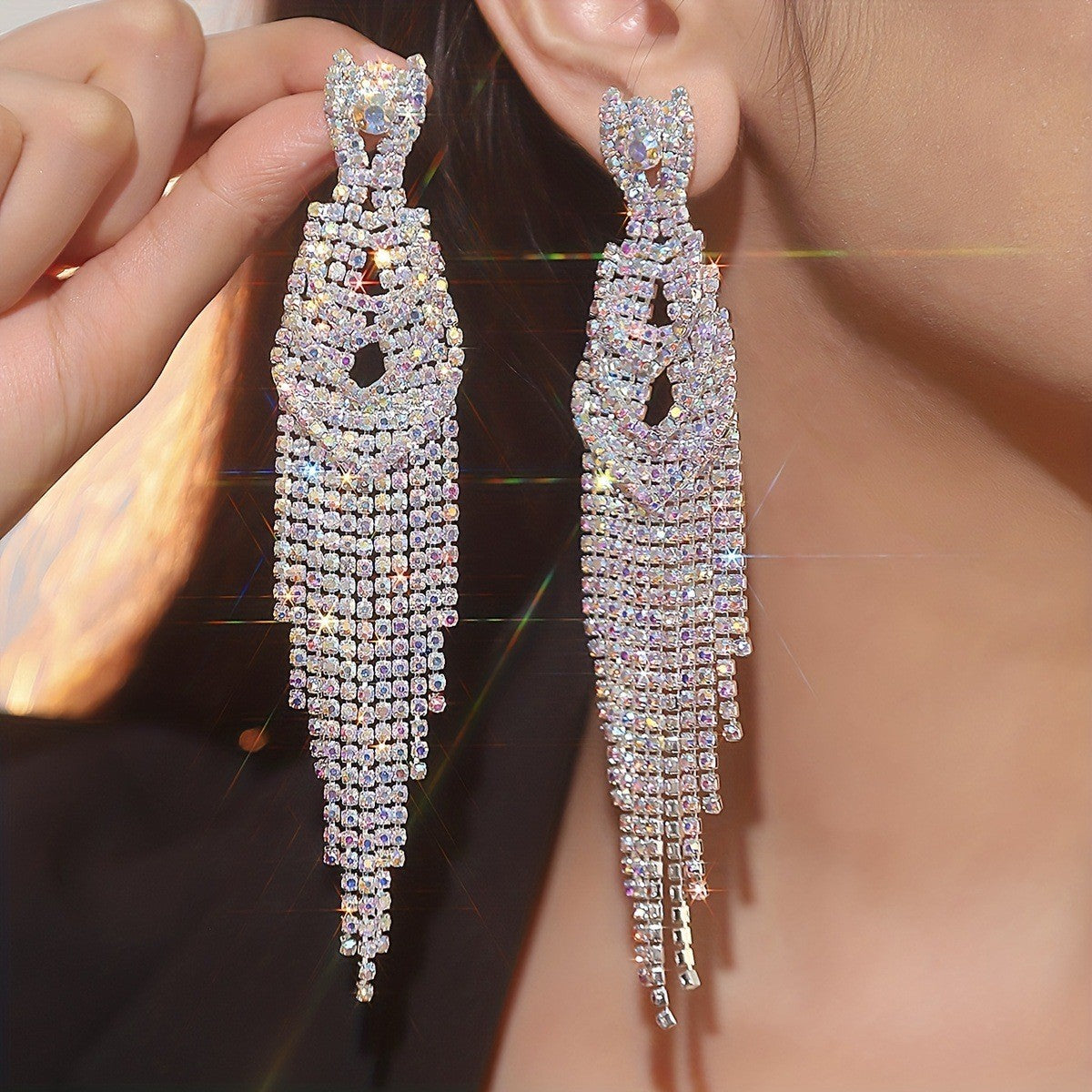 European and American catwalk performances, high-end exaggerated rhinestone long fringed earrings, flash diamond stud earrings, earrings, women's earrings