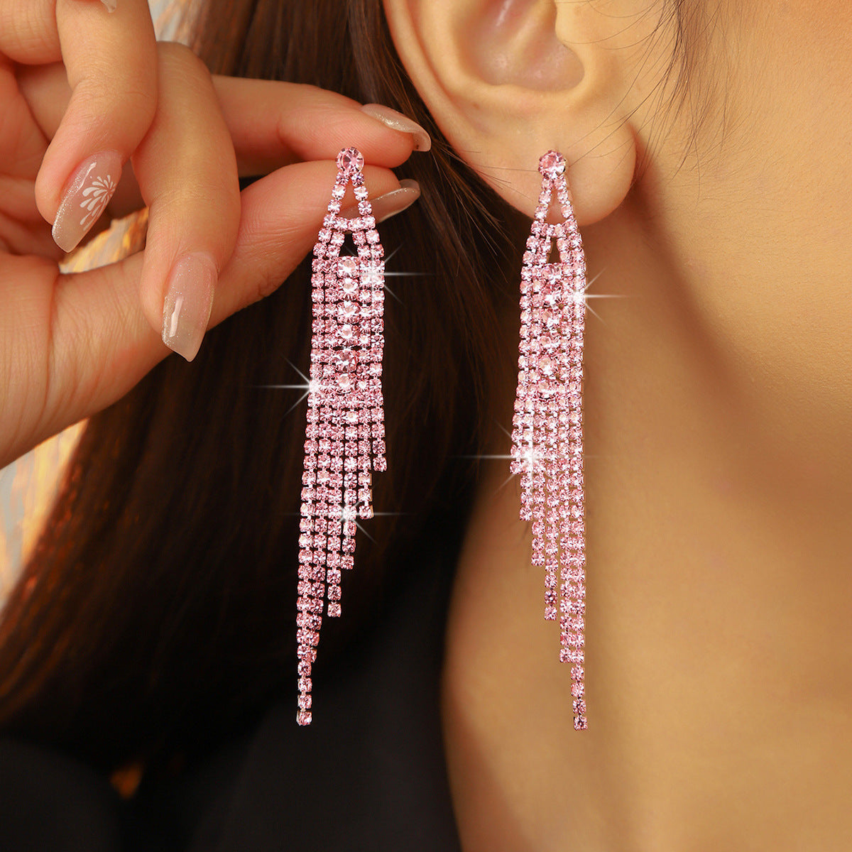 Choka Fashion Full Diamond Long Fringed Earrings Women's Temperament Rhinestone Earrings Ear Jewelry  Earrings