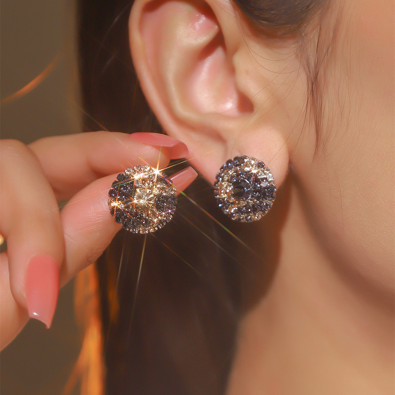 DINGKA explosive rhinestone geometric round women's earrings, a pair of versatile exquisite circles