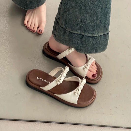 Bow flat-bottomed slippers for women's summer outer wear  new fashionable versatile open-toe double with cool slippers wholesale