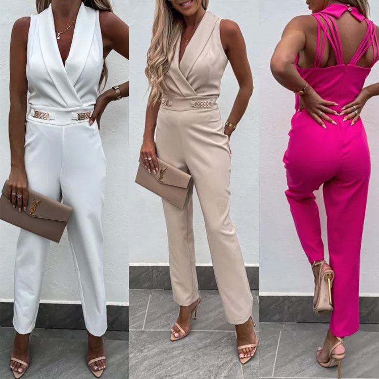 European and American women's clothing independent station new, sleeveless green fruit collar metal decorative backless slim jumpsuit suits
