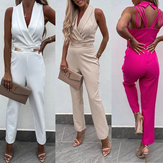 European and American women's clothing independent station new, sleeveless green fruit collar metal decorative backless slim jumpsuit suits