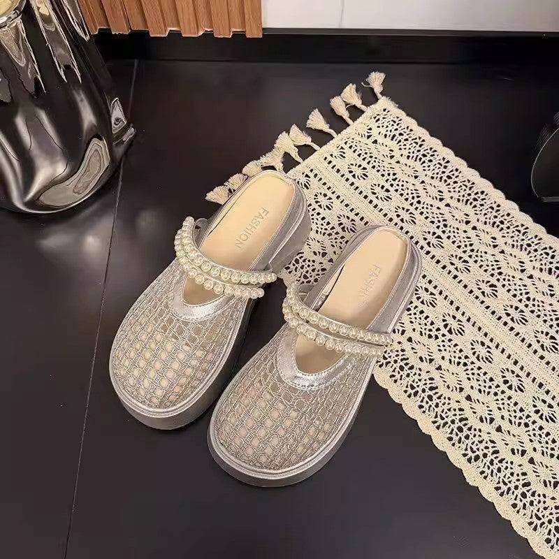 Mesh slippers summer retro woven outer wear pearl breathable hollow Ou Ruofeng Mary Jane girls bag head slippers