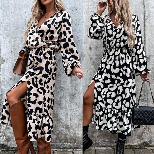 Cross-border European and American foreign trade women's clothing autumn and winter new temperament slim-fitting pullover printed dress