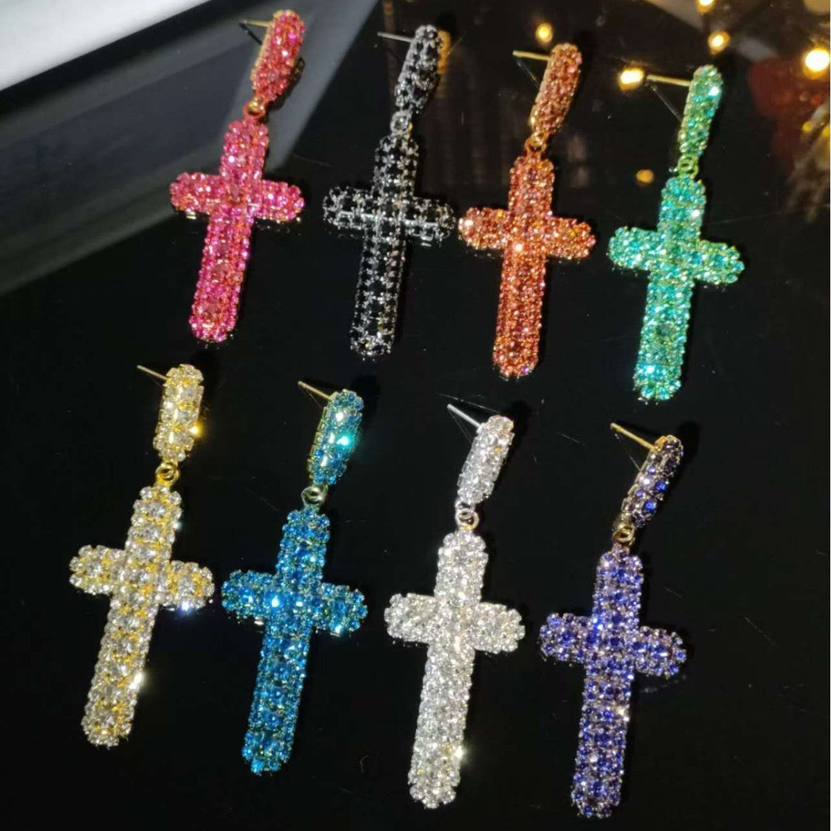 High-end shiny crystal cross earrings for women,  temperament versatile stud earrings, copper earrings.