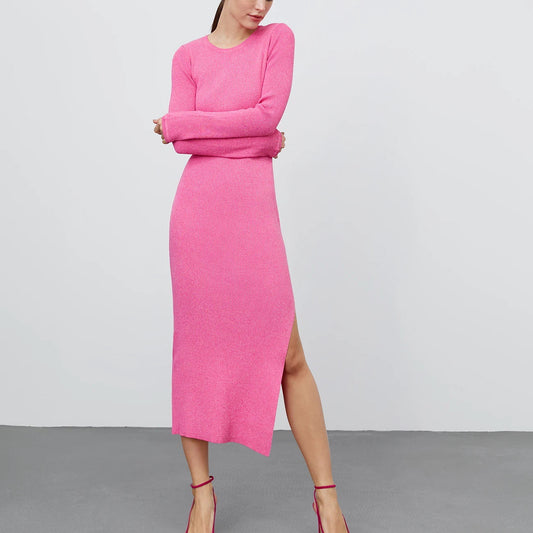Crew neck split knitted dress European and American autumn and winter temperament versatile solid color high waist tight dress
