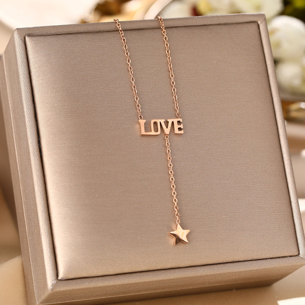 European and American cross-border titanium steel necklace female love letter fringed star Valentine's Day ins wind collarbone chain personalized jewelry