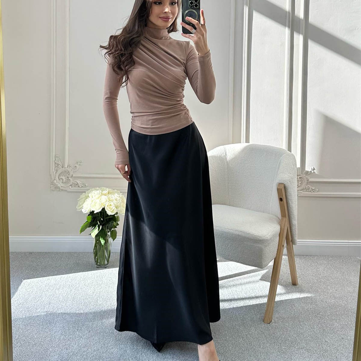 European and American women's long-sleeved top, sexy new T-shirt stand-up collar slim-fitting bottoming shirt top