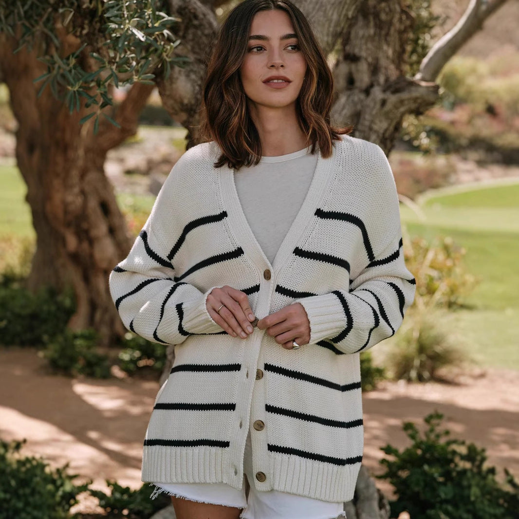 Striped knitted cardigan women's European, American autumn and winter new V-neck cardigan sweater pure cotton striped sweater women