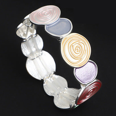 New round rose oil environmentally friendly alloy bracelet, artificial color oil elastic adjustable bracelet