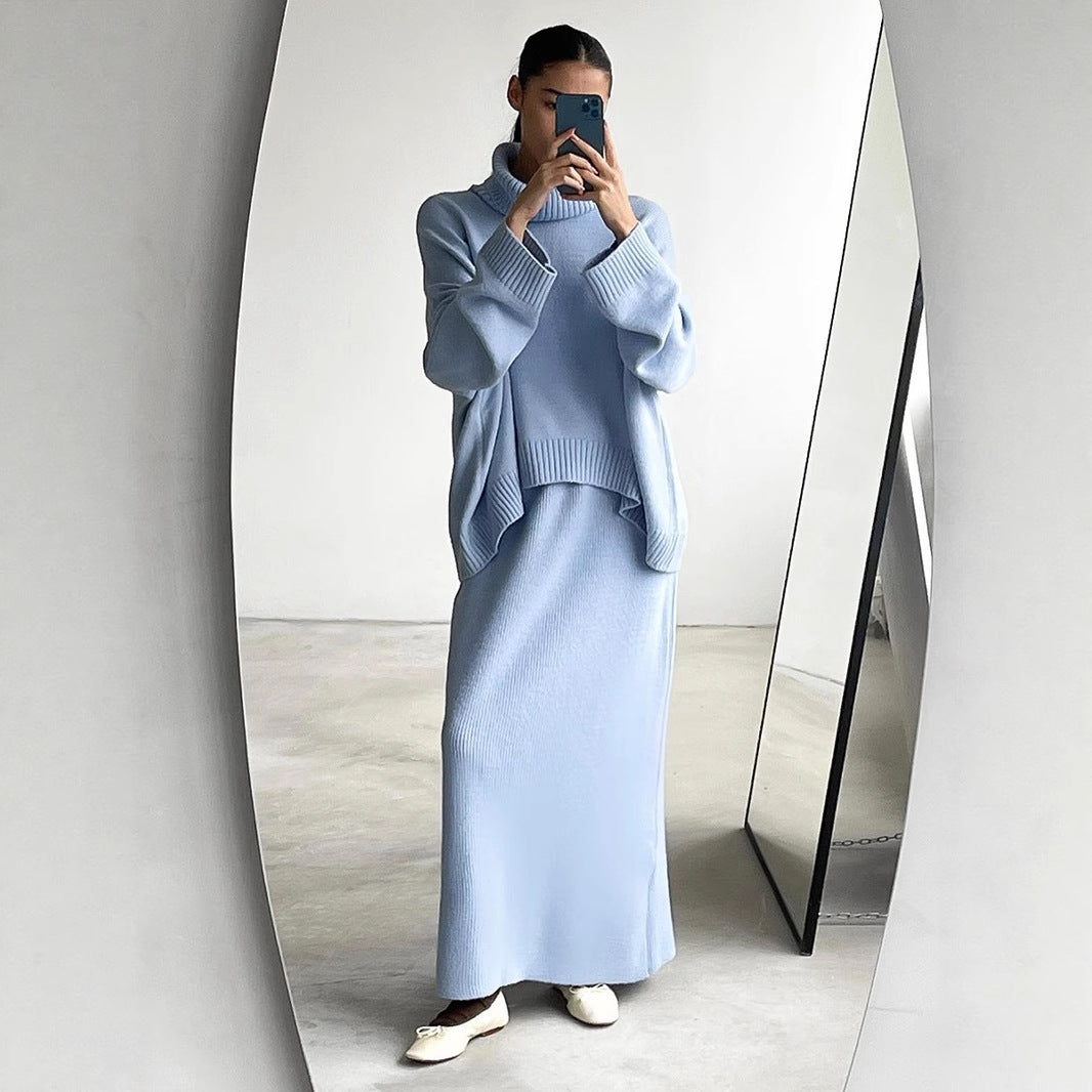 Turtleneck sweater skirt set for women, European, American autumn and winter loose knitted two-piece sweater set for women  suits