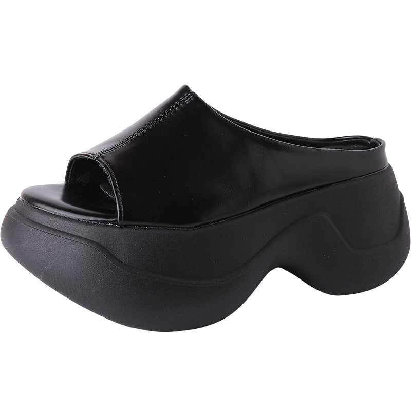 Internet celebrity explosion round head high heel one-word drag women wear  summer new heightening non-slip super soft cool slippers